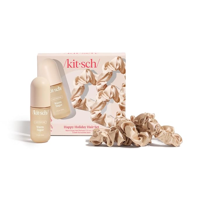 Kitsch Satin Scrunchies and Hair Perfume for Women Holiday Set – Warm Sugar Scent with Patented Odor-Eliminating Technology Hair Spray | Neutral Softer Than Silk Scrunchies | Ideal Gifts for Women