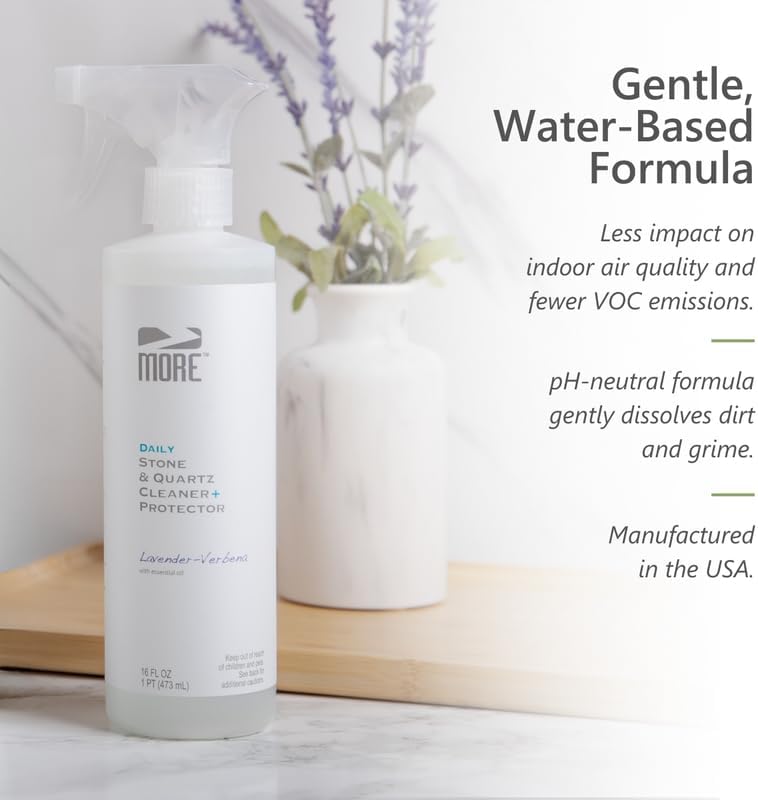 MORE Stone & Quartz Cleaner + Protector - Granite, Quartz & Marble Cleaner - For Kitchen & Bathroom Countertops - Water-Based Surface Spray - Lavender-Verbena Essential Oil - Pint (16oz)