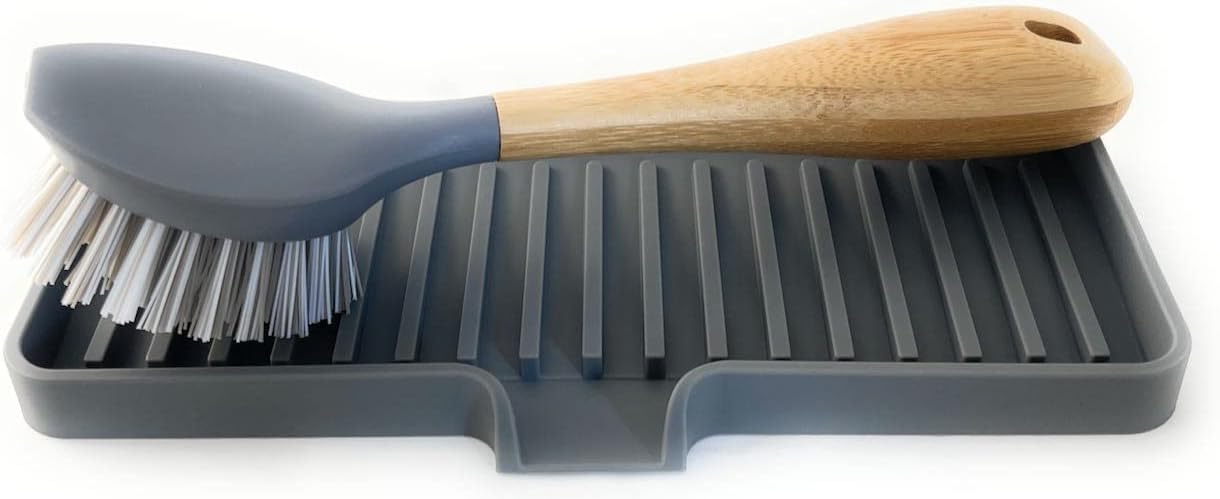 Happitasa Silicone Soap Dish Tray and Sponge Holder with Drain Chute | Bathroom and Kitchen Sink Organizer Caddy (Grey, 9"x3.5", 5.6 Ounces)