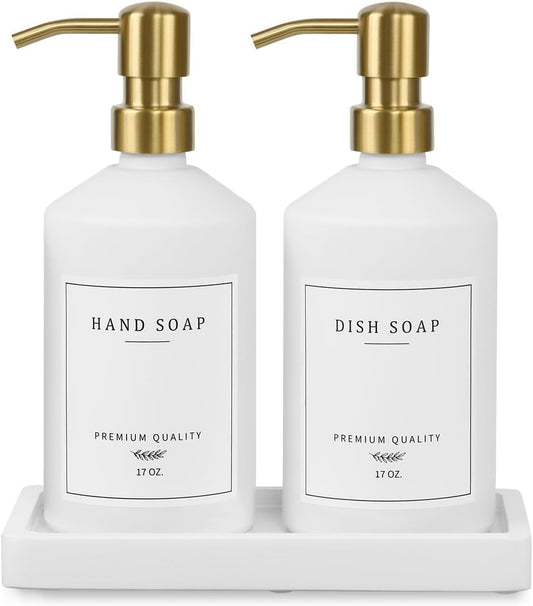 Gold Soap Dispenser Set, Glass Hand and Dish Soap Dispenser Set with Tray,Stainless Pump,14 Stickers for Kitchen Sink,Bathroom Soap and Lotion Dispenser,Modern Counter Decor (White Bottle/Gold Pump)