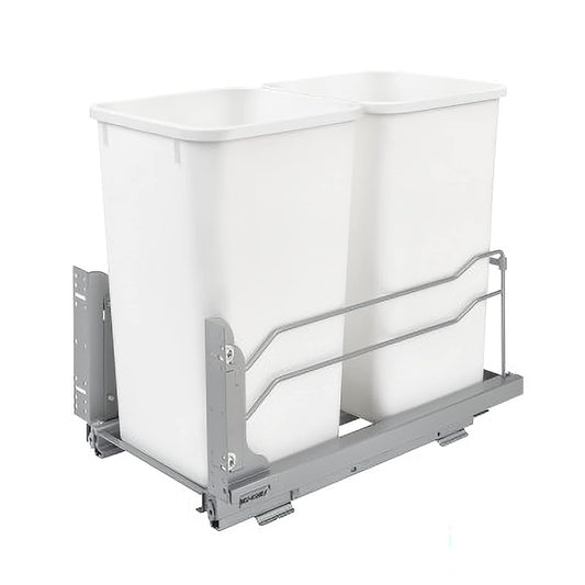 Rev-A-Shelf Double Pull-Out Trash Can for Under Kitchen Cabinets 27 Quart 12.5 Gallon with Soft-Close Slides, White, 53WC-1527SCDM-211