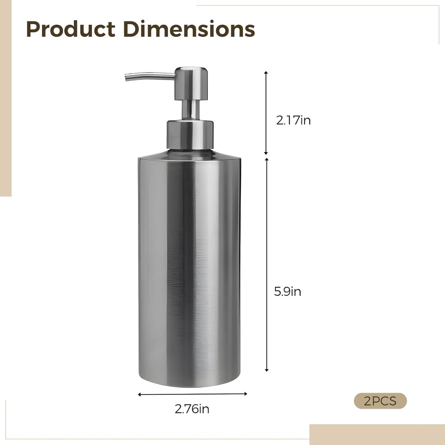 2 Pcs Large 304 Stainless Steel Soap Dispensers, 18.6 fl oz/550 ml Refillable Liquid Pump Bottles for Kitchen, Bathroom, Countertop, Modern Brushed Silver Cylindrical Design