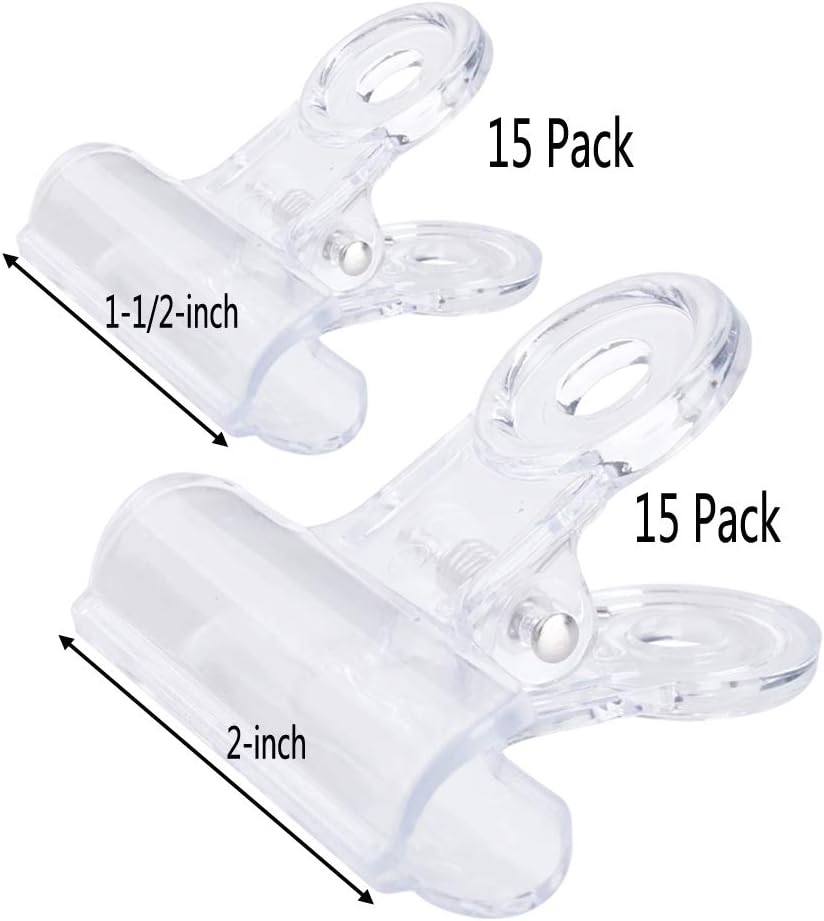 30 Pack Plastic Clear Clips Clamps, 1-1/2 Inch and 2 Inch Sizes