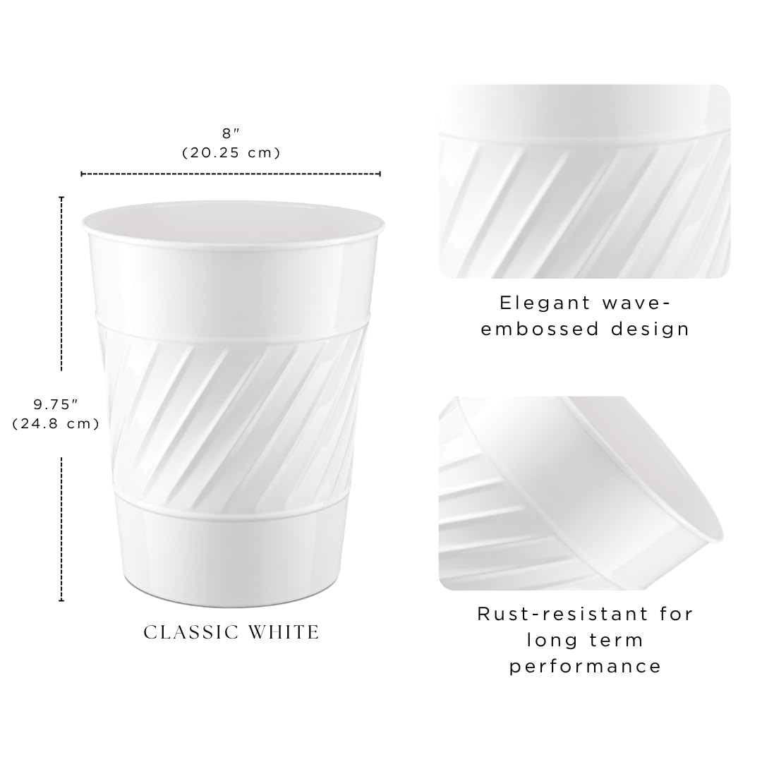 Monarch Abode White Handcrafted Wave Embossed Metal Wastebasket for Home Office Bedroom, Decorative Waste Basket, Modern Bathroom Garbage Can, Durable & Decorative Trash Bin, White Bathroom Trash Can