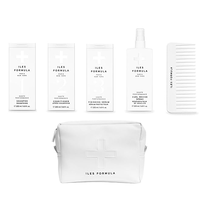 ILES FORMULA Extension Pack – Shampoo + Conditioner + Finishing Serum + Curl Revive Spray & Conditioner Distribution Comb in Faux Leather Beauty Bag (6-Piece Set) - Sulfate, Silicone & Paraben Free