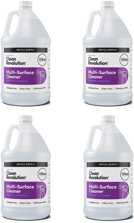 Clean Revolution Multi Surface Cleaner Refill Supply, Non-Toxic, Eco-Friendly & Plant-Based, Ready to Use, Seaside Lavender, 128 Fl Oz (Pack of 4)