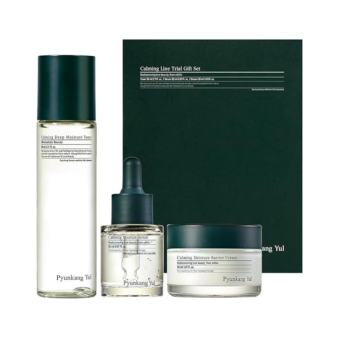 Pyunkang Yul PKY Calming Trial Gift Set Instantly Calms Sensitive Skin, Exfoliating Toner, Soothing Serum, and Facial Skin Hydrating Cream, Vegan, Korean Skincare (3-item set)
