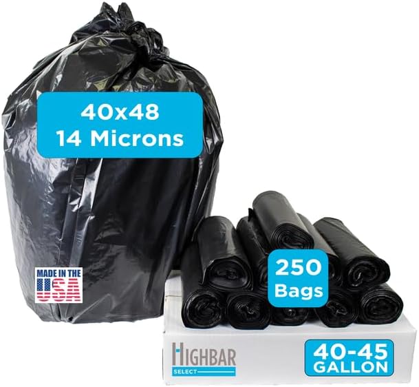 250 Count, 40-45 Gallon Trash Bags, Heavy Duty Black Bags, Ideal for 39, 40, 42, 45 Gallon