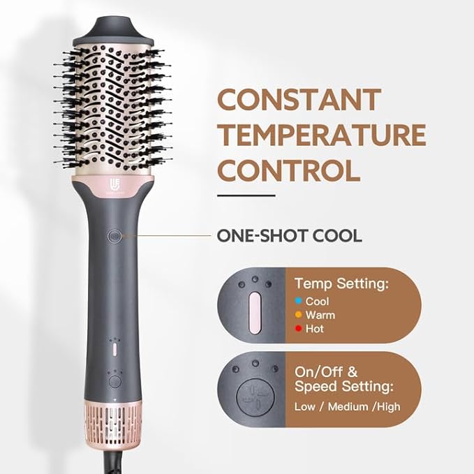 2-in-1 Blow Dryer Brush, Ionic & Ceramic Thermal Brush with Adjustable Heat & Cool Shot, 110000 RPM Motor High-Speed Motor for Frizz-Free, Smooth & Voluminous Hair, Grey Volumize in Minutes