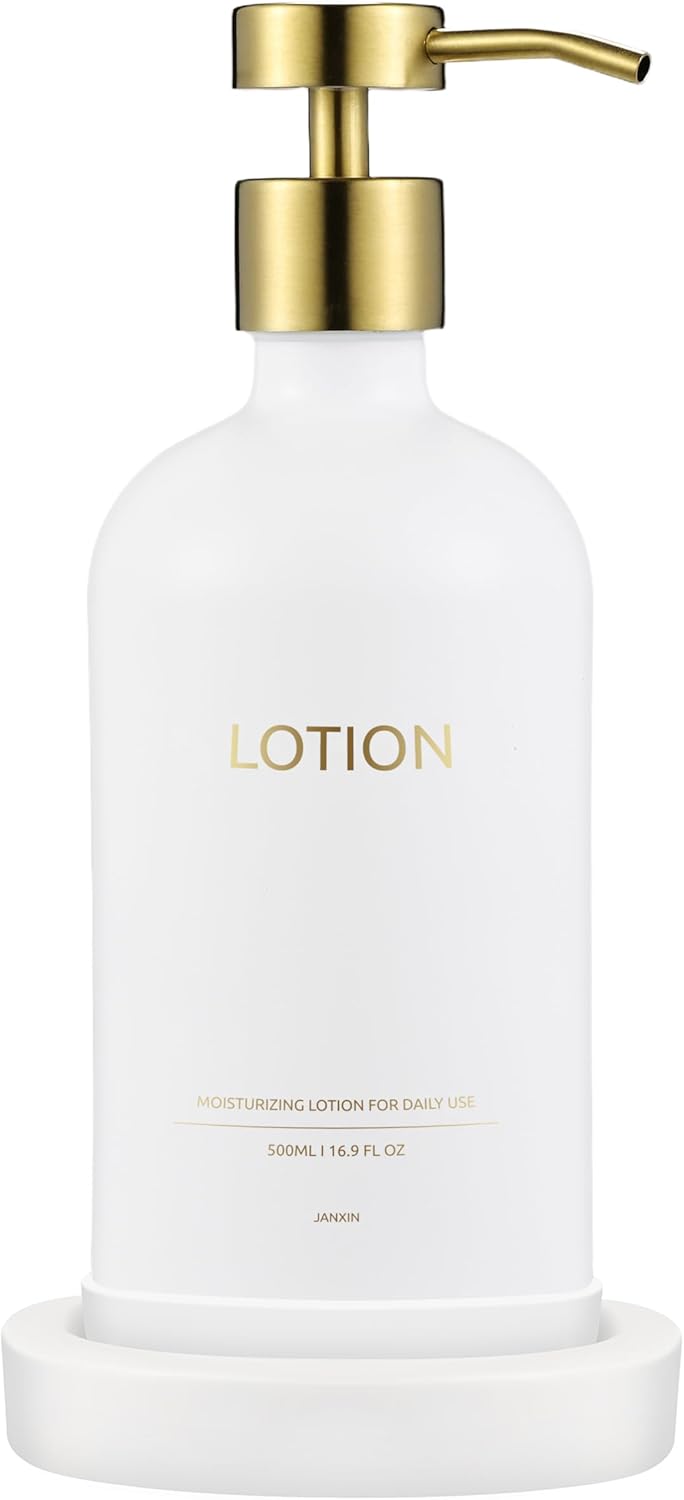 Glass Soap Dispenser Set by Janxin,Bathroom Soap Dispenser Set with Ceramic Tray,Luxury Bathroom Accessories,Modern Kitchen Decor (White+Gold(Lotion))