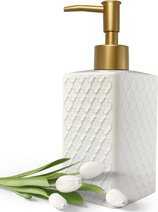 Gold Soap Dispenser for Bathroom,Retro White Square Lotion Dispenser, Refillable Countertop Ceramic Hand Soap Dispenser,Dish Soap Dispenser for Kitchen 350ml(Relief White Square Bottle)