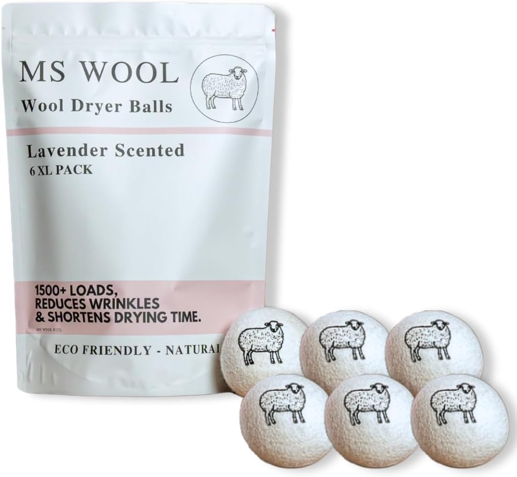 Lavender Scented Wool Dryer Balls – 6 XL Pack – Natural Fabric Softener, Reusable, Reduces Static, Reduces Wrinkles & Shortens Drying Time, Made W/Essential Oil, 100% Pure Wool