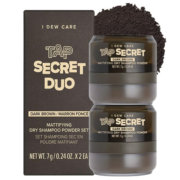 I DEW CARE Biotin Clarifying Dry Shampoo - Tap Secret Dark Brown Duo Set | Strengthening & Volumizing, Powder Type, Refillable, Travel size, Non-aerosol, Brunette, Korean Ginseng, 0.26 Oz * 2ea
