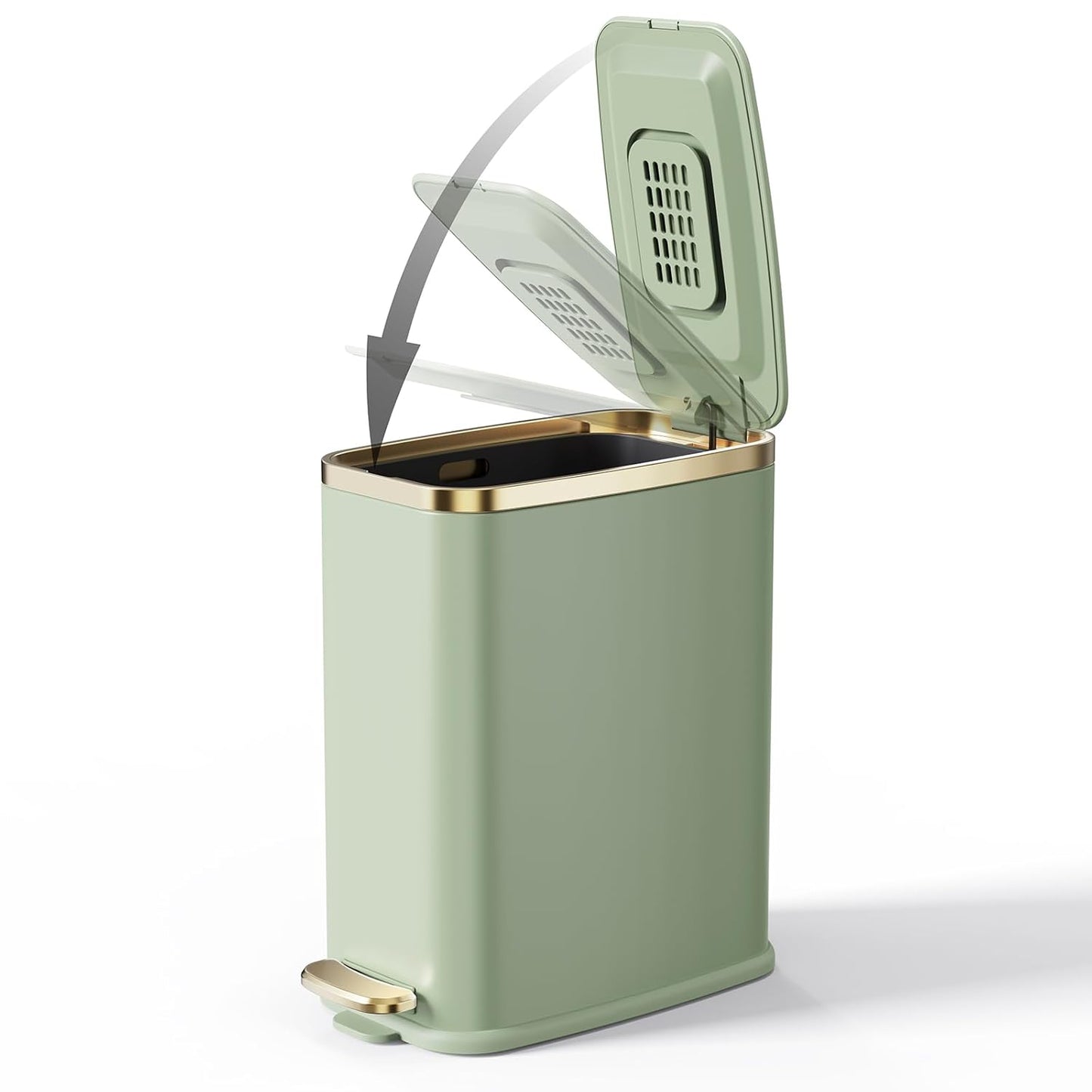 CEROELDA Small Bathroom Trash Can with Lid Soft Close-5L/1.3 Gal Slim Garbage Can-Metal Step Wastebasket-Rectangle Narrow Waste Bin for Office, Bedroom, Toilet, Live Room (Green)