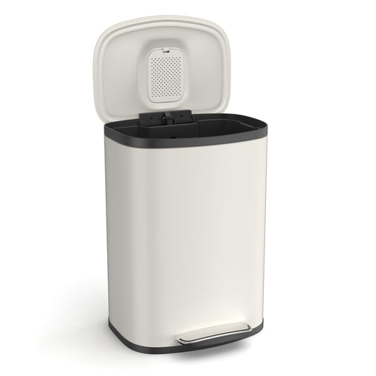 13 Gallon Stainless Steel Foot Pedal Large Trash Can with Soft Close Quiet Curved Surface Top Lid and Deodorant Storage Space, with 30 Garbage Bags for Kitchen/Home/Office Trash can and More - White