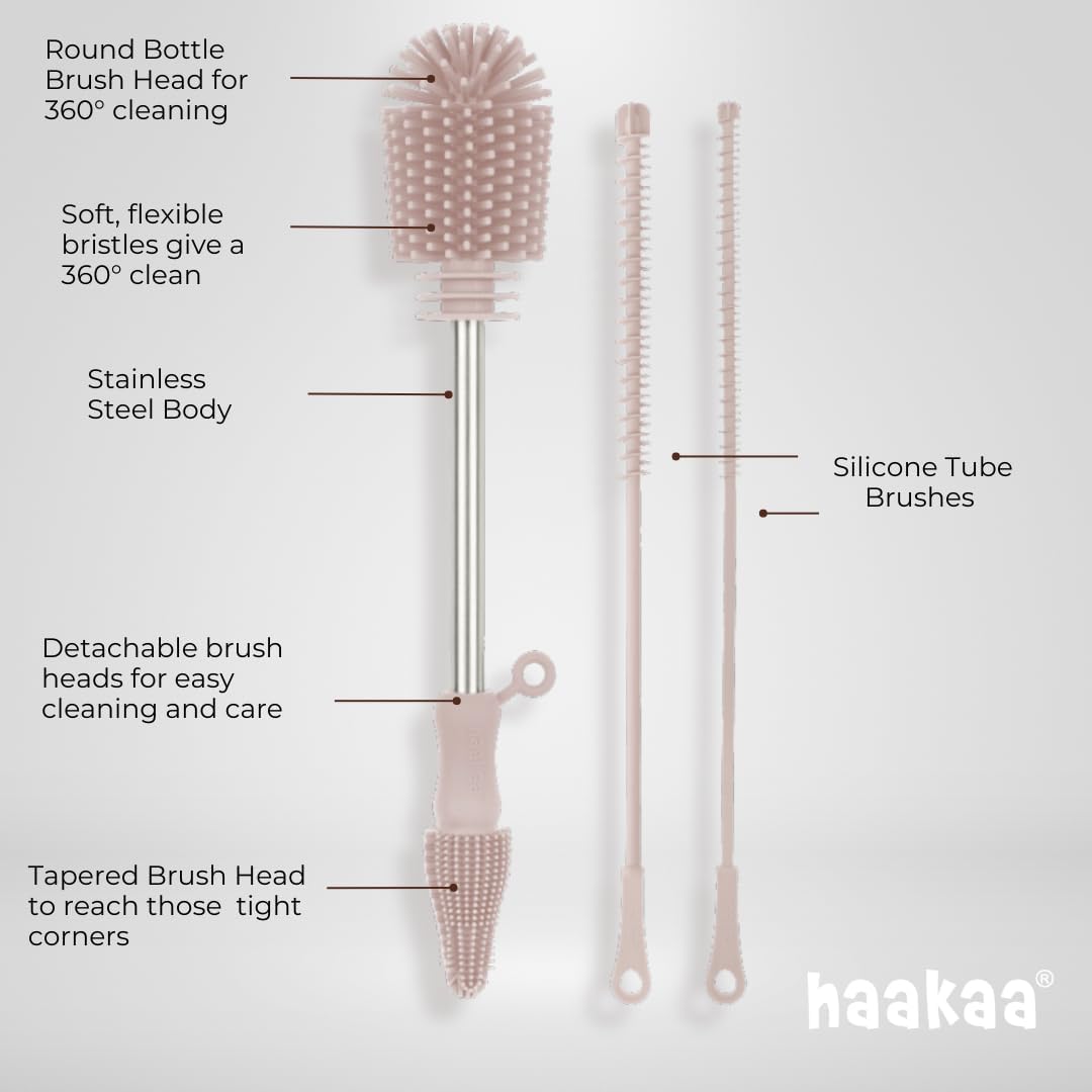 Haakaa Silicone Cleaning Brush Kit – Household Cleaning Brushes for Bottles and Crevices – Food-Grade Silicone: Dishwasher Safe (Kit-Blush)