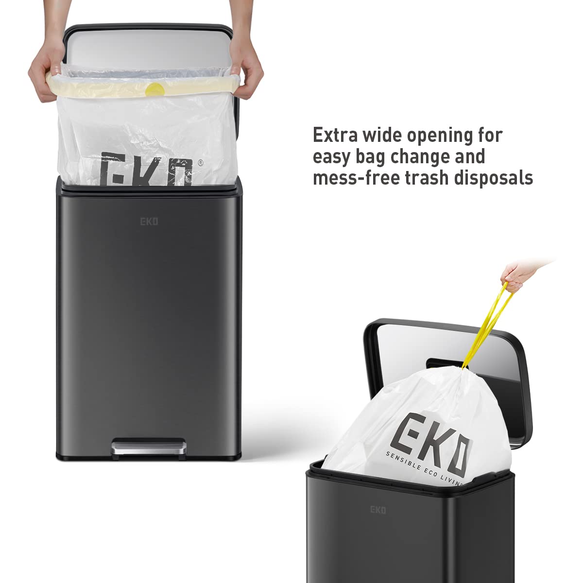 EKO Madison Matte Black 50 Liter/13.2 Gallon Step Trash Can with Inner Liner - Fingerprint Resistant Finish