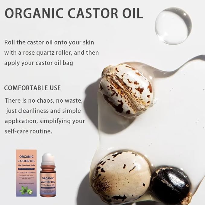 Organic Castor Oil with Rose Quartz Roller, Cold-Pressed Pure Organic Castor Oil Roller Ball for Hair Growth, Eyelashes, Eyebrows & Skin 1pcs