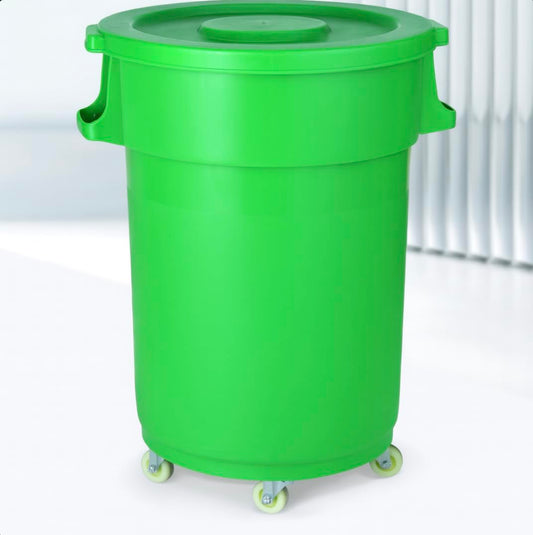 32-Gallon Round Commercial Trash Can with Lid and Dolly – Heavy-Duty Plastic Garbage Bin for Restaurants, Kitchens, Janitorial Use, Indoor – Mobile Waste Container on Wheels (Green)