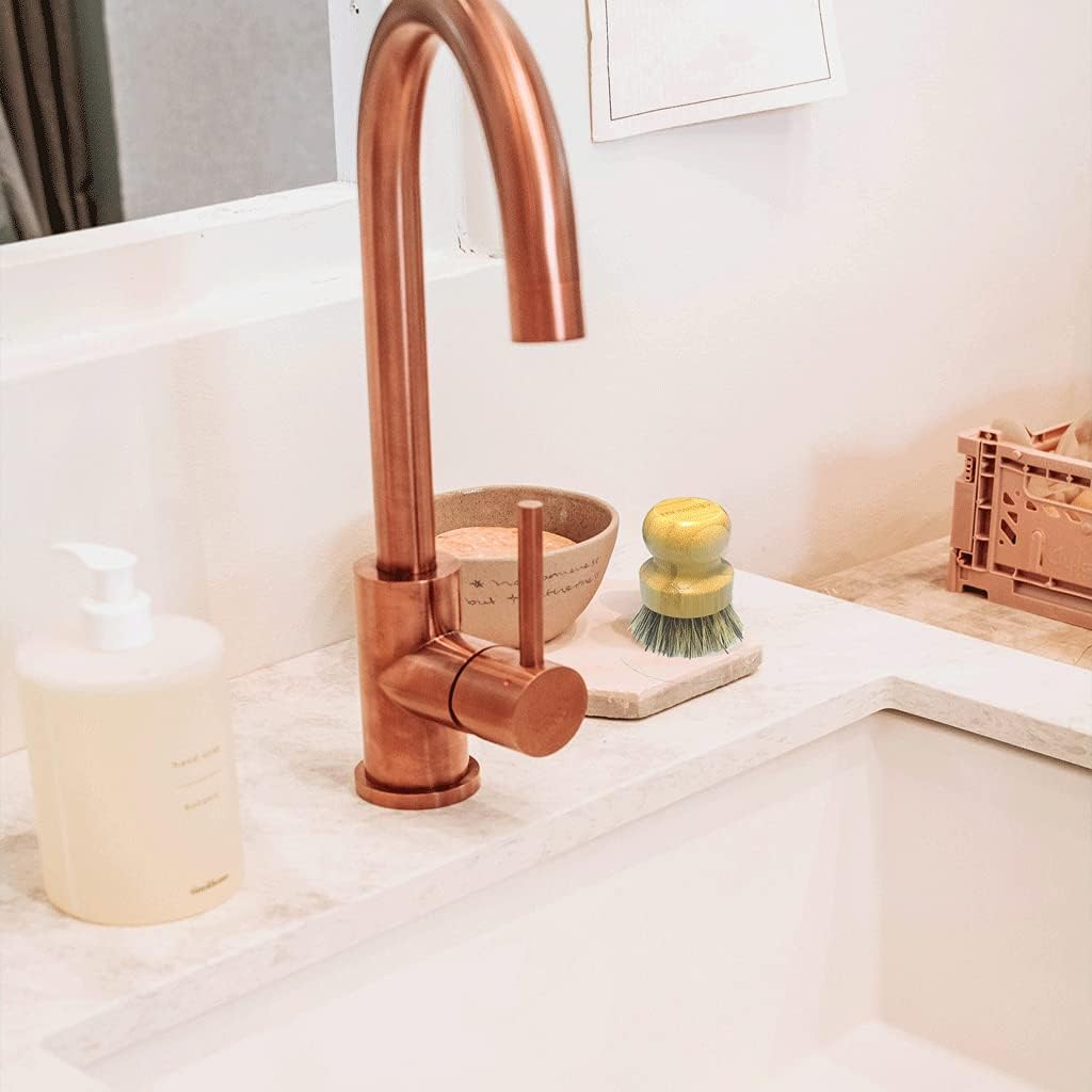 Bamboo Scrub Brush Clean Pan, Dish and Vegetable, Natural Bristles Palm Pot Brush 4 Pack Round Mini Dish Brush with Ceramic Holder for Kitchen Sink Cleaning