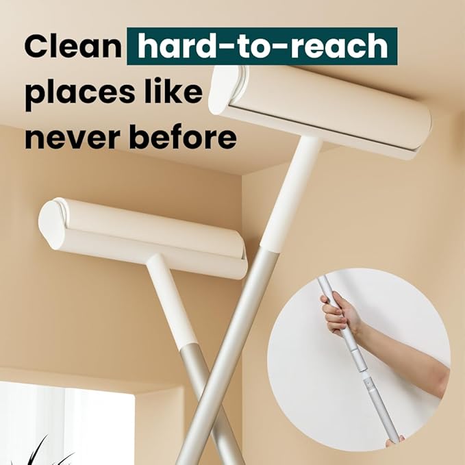 Large Lint Roller with Extra Sticky Roller and 420 Sheets 9.5" Wide, Floor Lint Roller Long Handle, Extendable to 41", Carpet, Couch, Pet Hair, Clothing Cleaning Supplies (White Roller + 7 Refills)