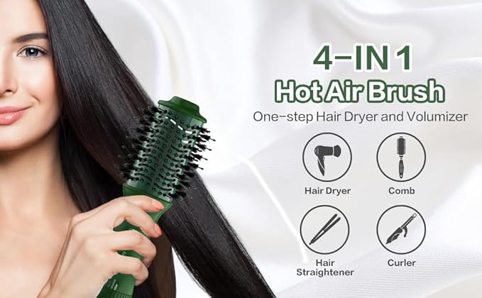 Dan Technology Blow Dryer Brush Hair Dryer Brush Hot Air Blowout Brush 120V 3 Speeds Oval Shape Volumizer Straightener Brush Faster Drying Mini Size Lightweight (Green)