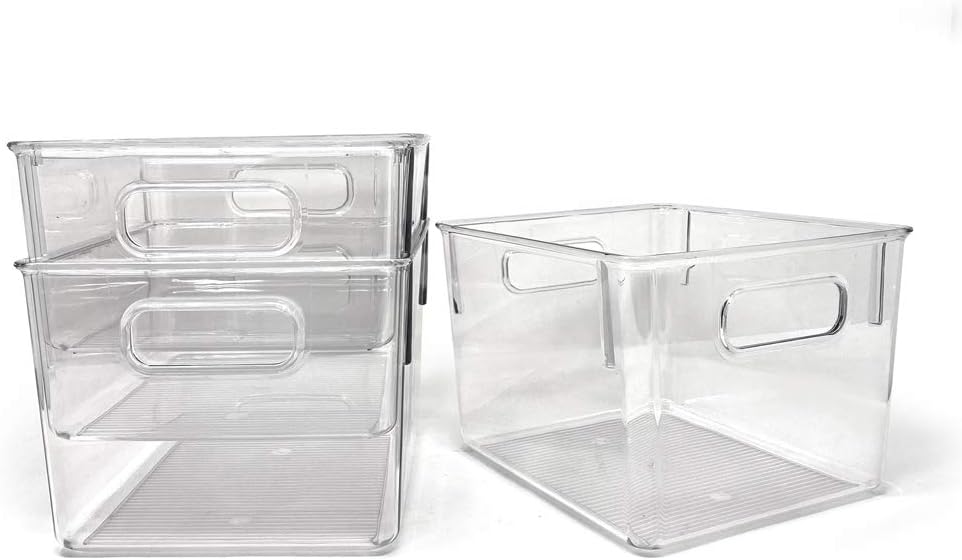 Isaac Jacobs 3-Pack Medium Clear Storage Bins with Handles, Plastic Organizer for Home or Fridge/Freezer, Pantry and Kitchen Non-Slip Container Set, BPA Free, Food Safe (3-Pack, Medium)
