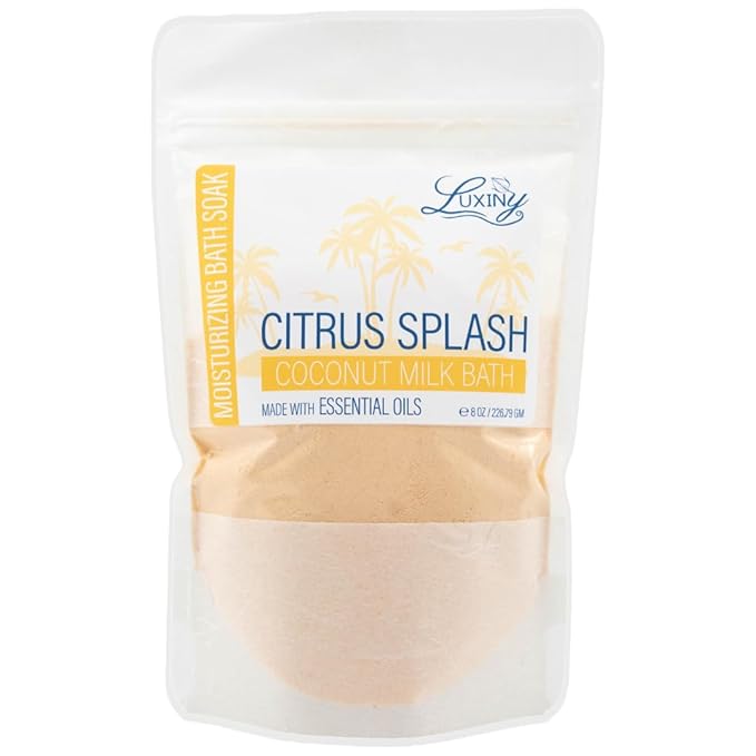 Luxiny Vegan Milk Bath Soak Made with Moisturizing Coconut Milk Powder, Essential Oil, & Sweet Almond Oil for Bath Bomb Dust Soothing Fizz & Relaxing Soak, 8 oz. (Citrus Splash)