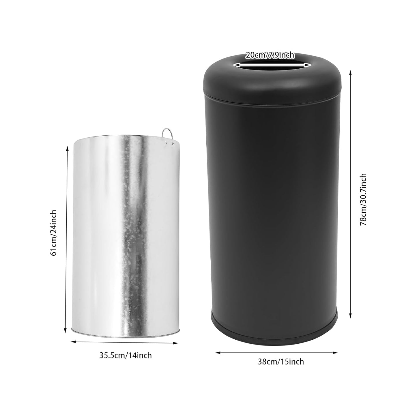 58.6 Liter / 15.48 Gallon Commercial Open Top Trash Can White Stainless Steel Trash Can Outdoor Indoor Garbage Enclosure with Lid Inside Barrel (Black)