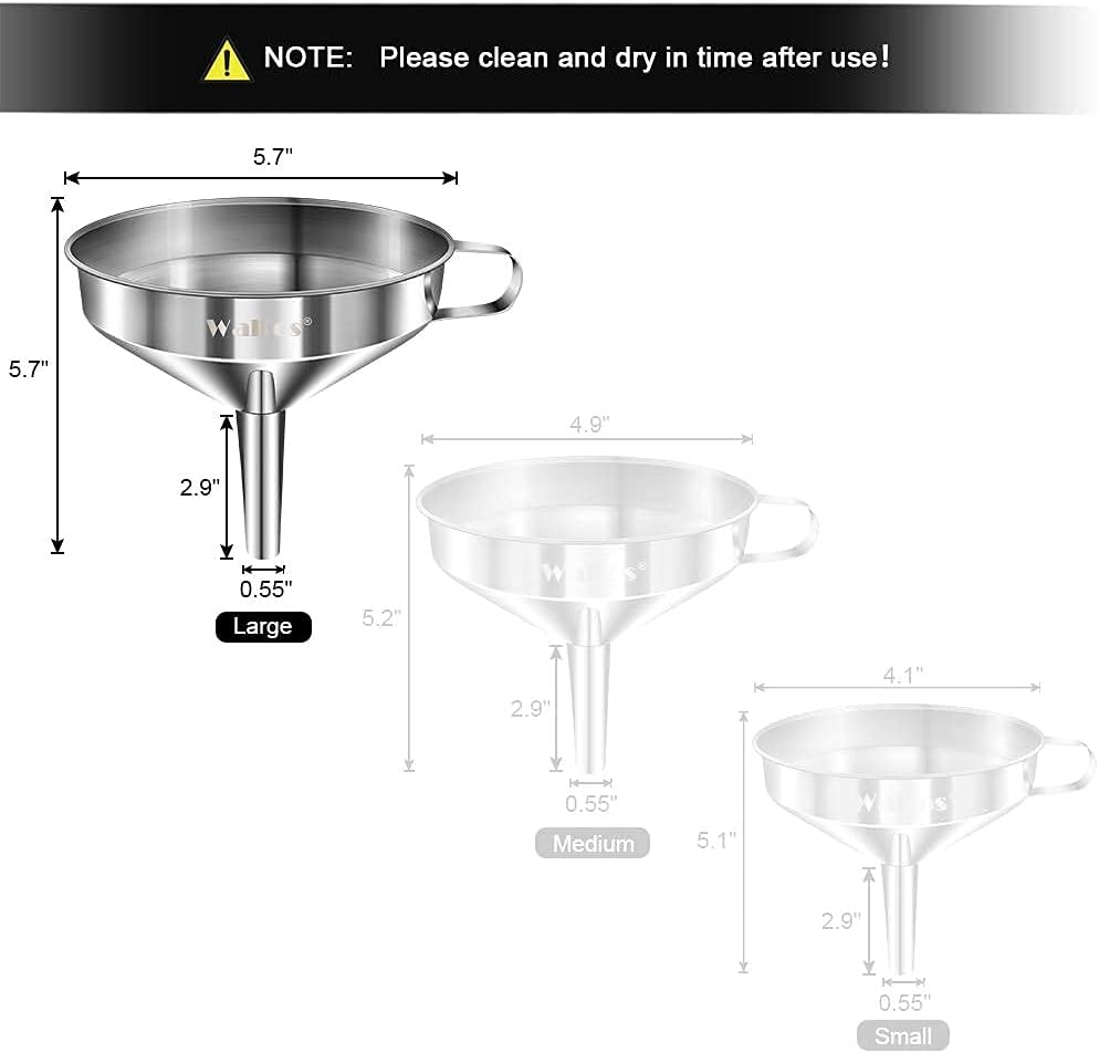 Large Stainless Steel Funnel, Walfos Kitchen Funnel with 2 Removable Strainer ＆ 1Pc Cleaning Brush, Perfect for Transferring of Liquid, Oils, Jam, Dry Ingredients & Powder (Big, 5.7")