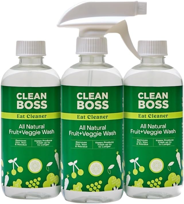 CleanBoss Eat Cleaner Triple-Action Fruit + Veggie Wash - 12 oz, Pack of 3 - Removes Harmful Residue - Keeps Produce Fresh Up to 5X Longer - Includes One Trigger - Vegan, Gluten Free - Improved Nozzle