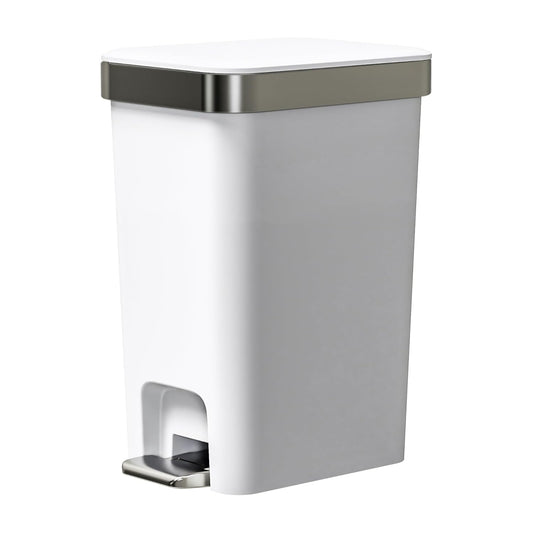 Small Bathroom Trash Can with Lid Soft Close, 10 Liter/2.6 Gallon Slim Garbage Can-Metal Step and Press top Lid, Mini Modern Waste Basket for Toilet, Office, Bedroom,Dorm,Grayish-White
