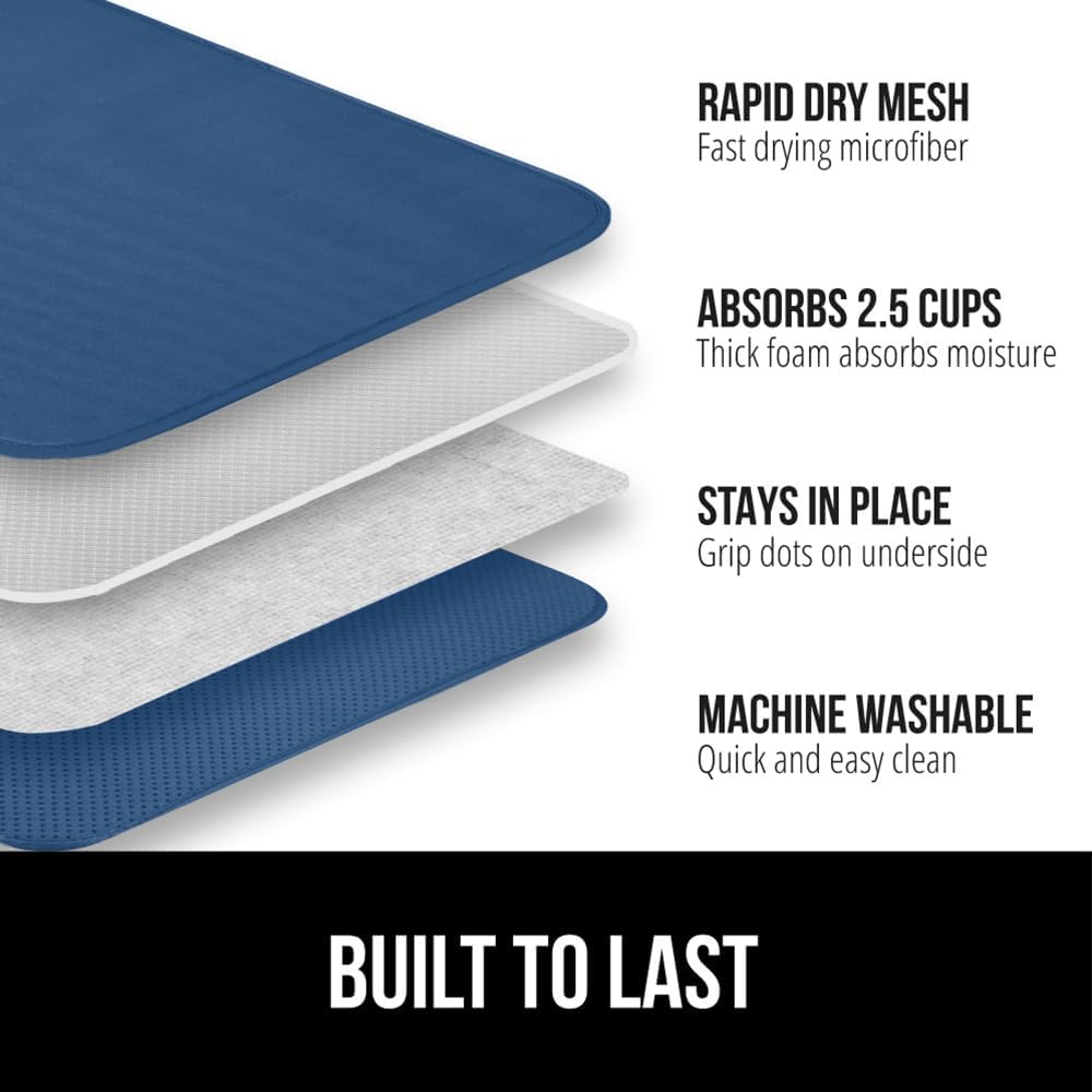 GORILLA GRIP Ultra Water Absorbent Microfiber Dish Drying Mat, Quick Dry Thick Mesh, Slip Resistant Pad for Sink Dishes or Under Rack, Kitchen Counter Accessories, 16x18, Machine Wash, Blue