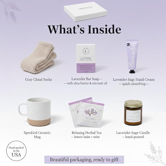 Unboxme Spa Gift Basket for Women - Lavender Self Care Gifts with Candle & Bath Bombs - Relaxation Care Package for Birthday, Get Well Soon, Christmas, Valentine's Day