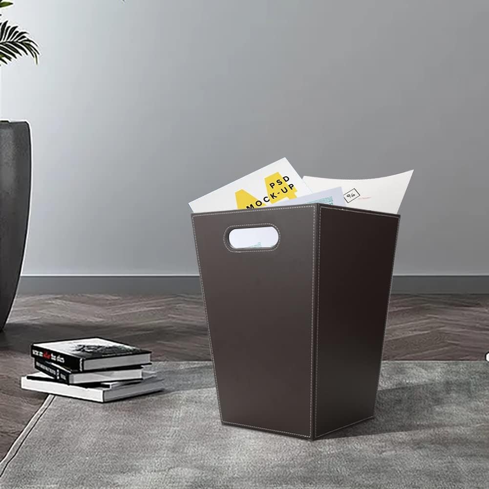 KINGFOM Classic Pu Leather Trash Can Wastebasket, Garbage Container Bin with Handles for Bathrooms, Powder Rooms, Kitchens, Home, Office and and High Class Hotel Square Brown