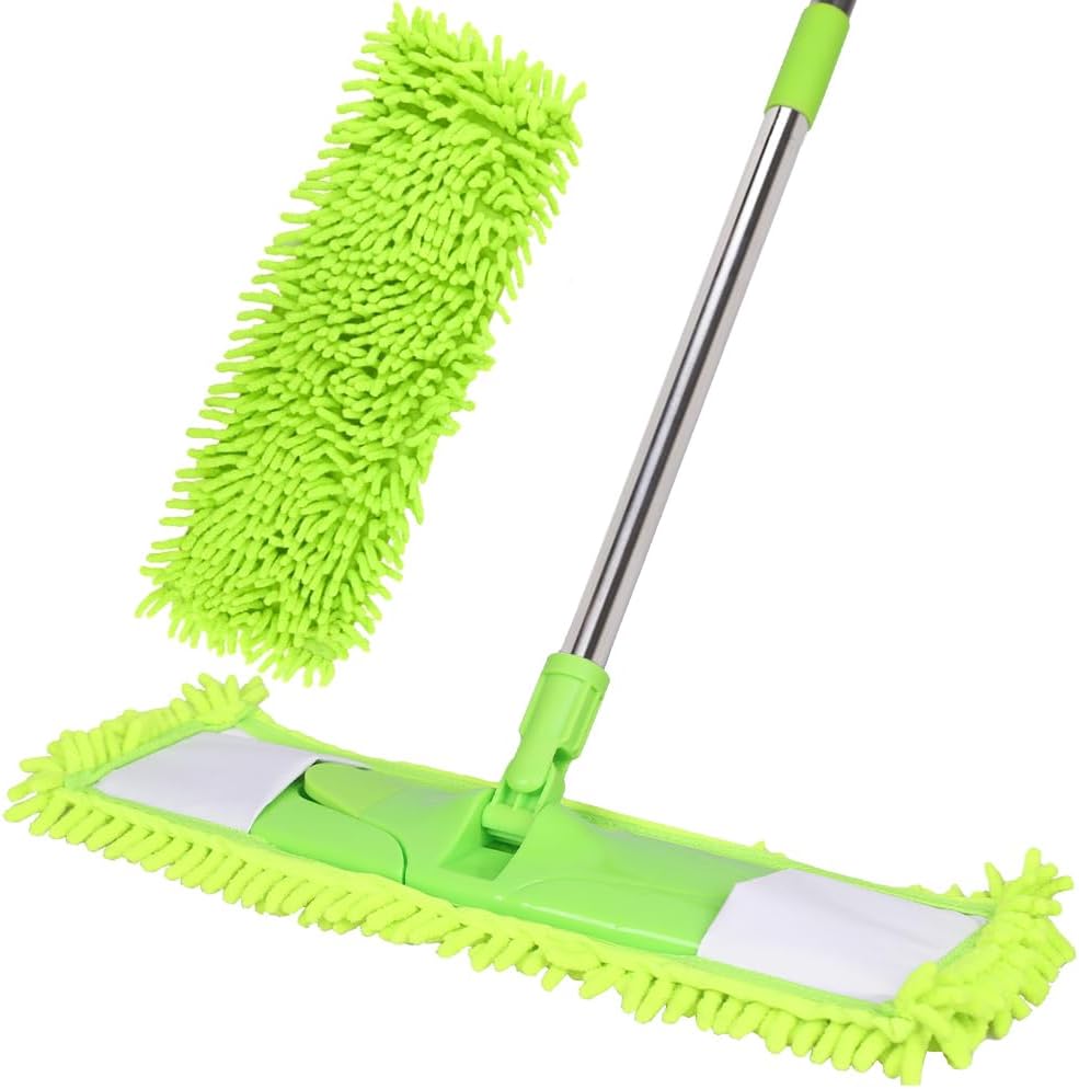 Dust Mop for Floor Cleaning with 2 Washable Chenille Pads and Extendable 58” Long Handle, Dry Wet Flat Mop with Scouring Pad for Hardwood, Laminate, Tile, Marble ，Green