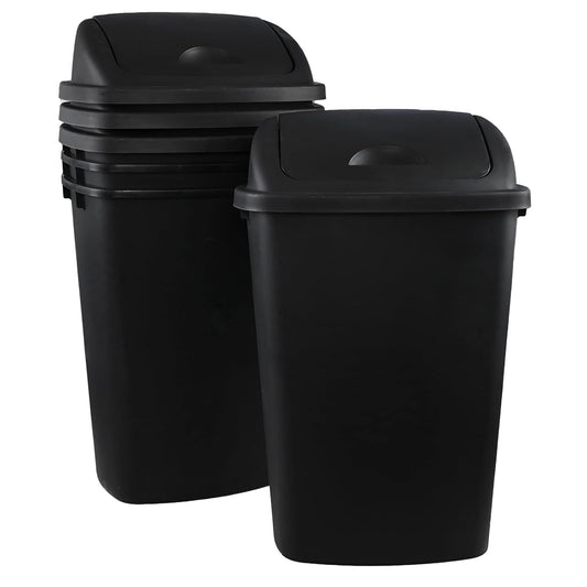 4-Pack 13 Gallon Plastic Swing Top Trash Can, Lidded Wastebasket Garbage Can for Kitchen, Garage, or Workspace, Black