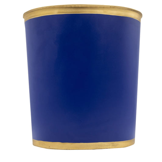 Jaye's Studio Decorative Waste Basket for Bathroom Trash Can Wastebasket, Oval Metal Trash Bin for Bedroom, Office, Blue Garbage Can for Dorm, Blue Trash Can Gold Office Decor, 12" x 10" x 8"