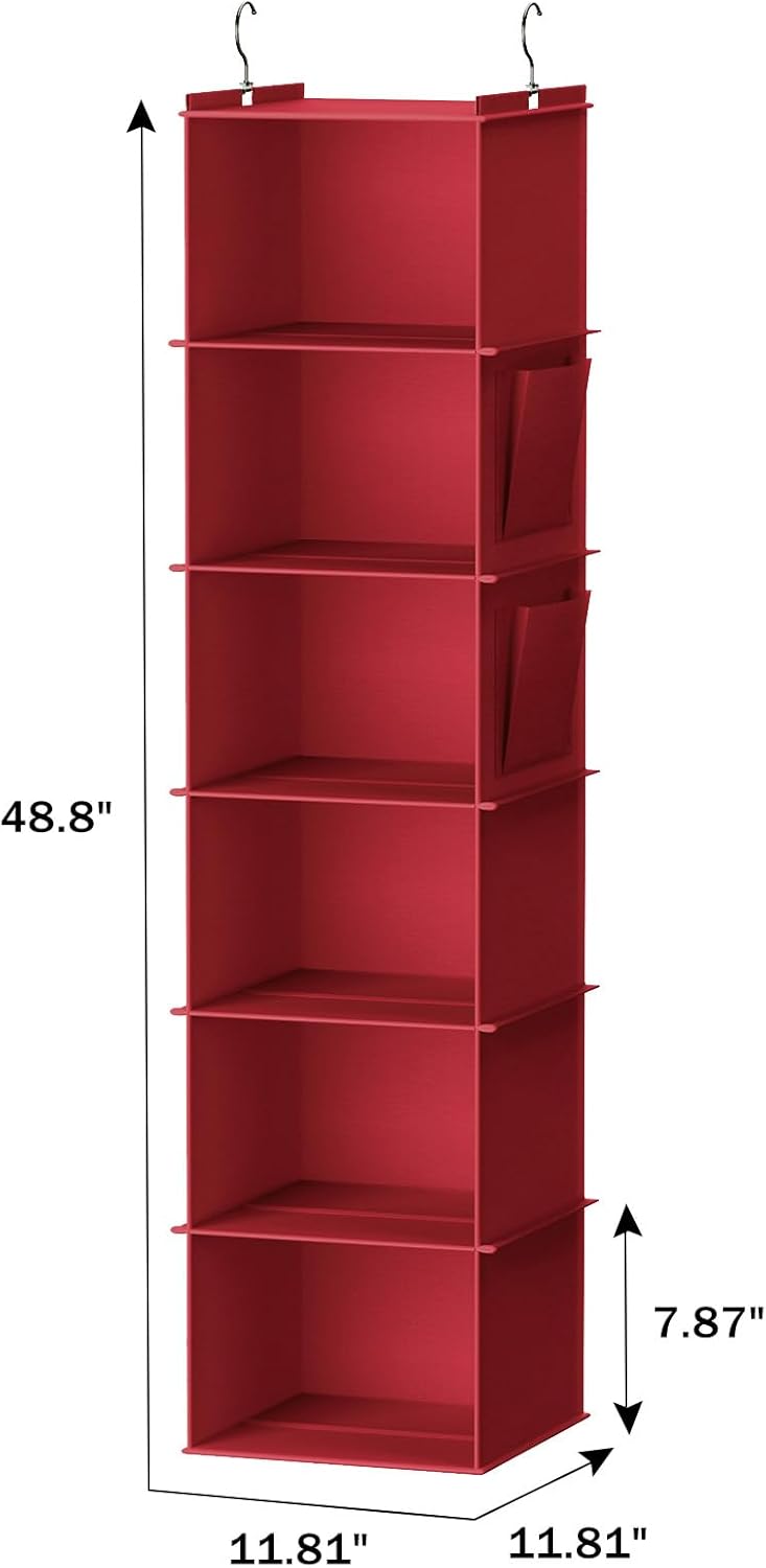 YOUDENOVA Hanging Closet Organizer and Storage, 6-Shelf Closet Hanging Storage Shelves, Dark Red
