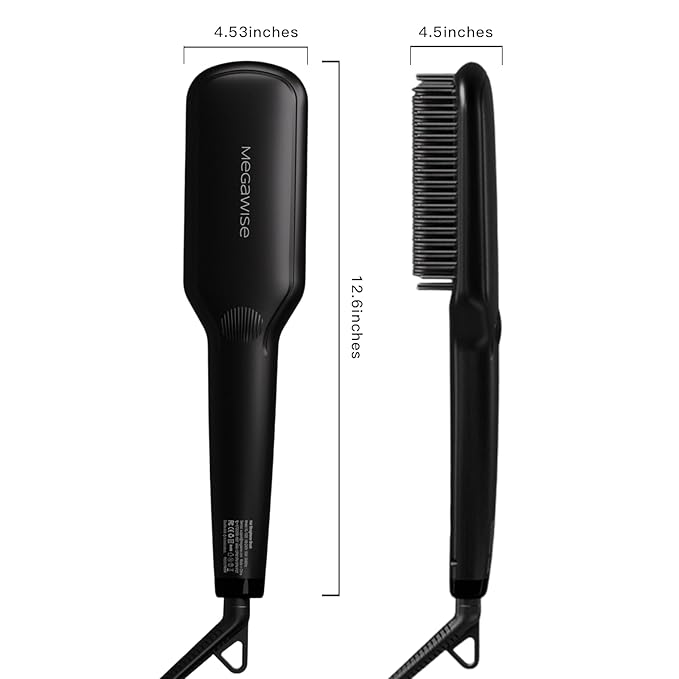 MEGAWISE Pro Ceramic Ionic Hair Straightener Brush for Home Salon, Straightening Hair Brush with 20s Heating Tech, Auto-Off, Anti-Scald with Universal Dual Voltage,Rotatable Power Cord, Black