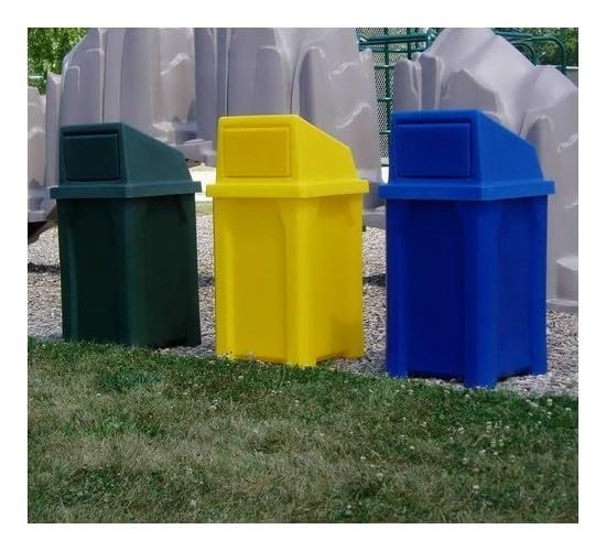 32 Gallon Square 100% Recycled Plastic Heavy Duty Outdoor Trash Can with Push Lid - Great for Schools and Businesses - Light Granite