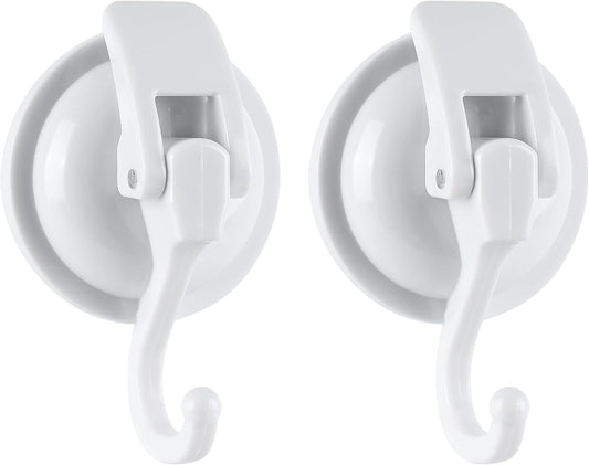 Heavy Duty Shower Suction Cup Hooks - Glass and Bathroom Robe Hangers, Reusable, No Hole Punch - White, 2 Pack