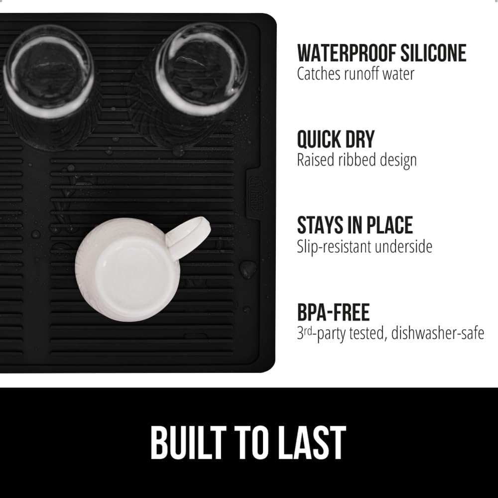 GORILLA GRIP 100% BPA-Free Patented Silicone Dish Drying Mat for Kitchen Counter, 18x24 Inch, Water Catching Ribbed Design, Easy Clean Waterproof Sink Liner, Heat Resistant, Fits Under Rack, Black