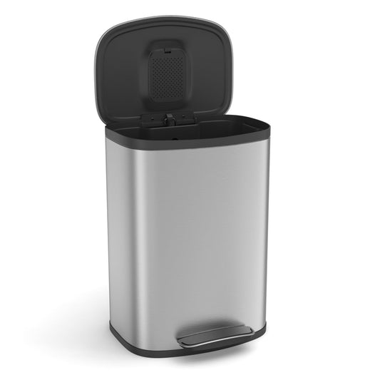 13 Gallon Stainless Steel Foot Pedal Large Trash Can with Soft Close Quiet Curved Surface Top Lid and Deodorant Storage Space, with 30 Garbage Bags for Kitchen/Home/Office Trash can and More - Silver