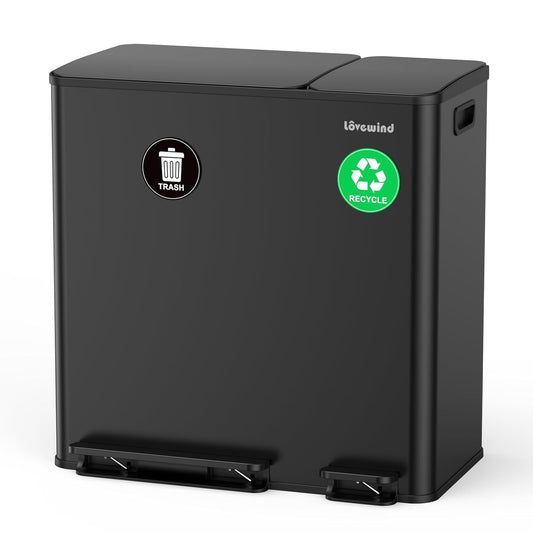 Dual Trash and Recycling Bins for Kitchen, 13.2 + 5.2 Gal (50+20L) Stainless Steel Trash and Recycle Bin Combo with Soft-Close Lid, Large Garbage Cans for Kitchen Home with 2 Magnets Sticker, Black