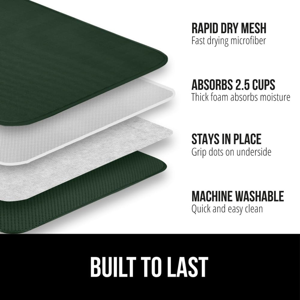 GORILLA GRIP Ultra Water Absorbent Microfiber Dish Drying Mat, 18x32, Quick Dry Thick Mesh, Slip Resistant Pad for Sink Dishes or Under Rack, Kitchen Counter Accessories, Machine Wash, Hunter Green