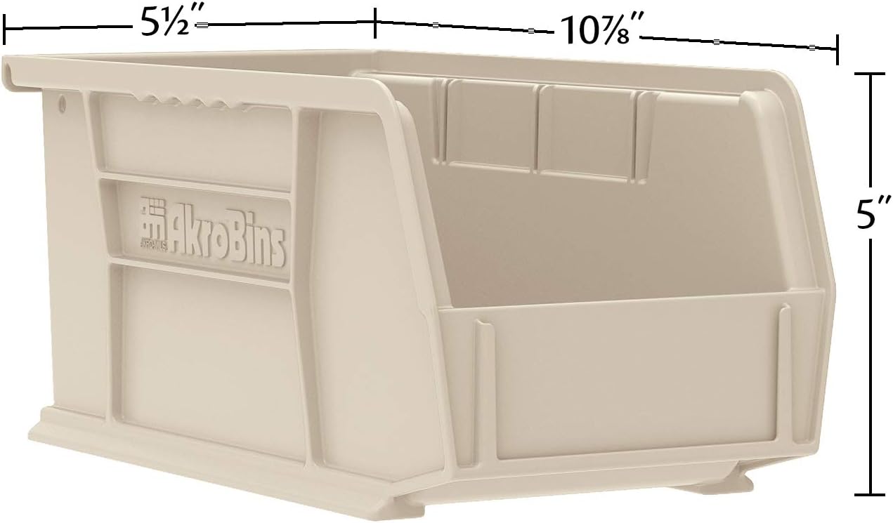 Akro-Mils 30230 AkroBins Plastic Storage Bins, Space-Saving Stackable Bins for Garage, Pantry, Craft Organization, 11-Inch x 5-Inch x 5-Inch, Stone, 12-Pack
