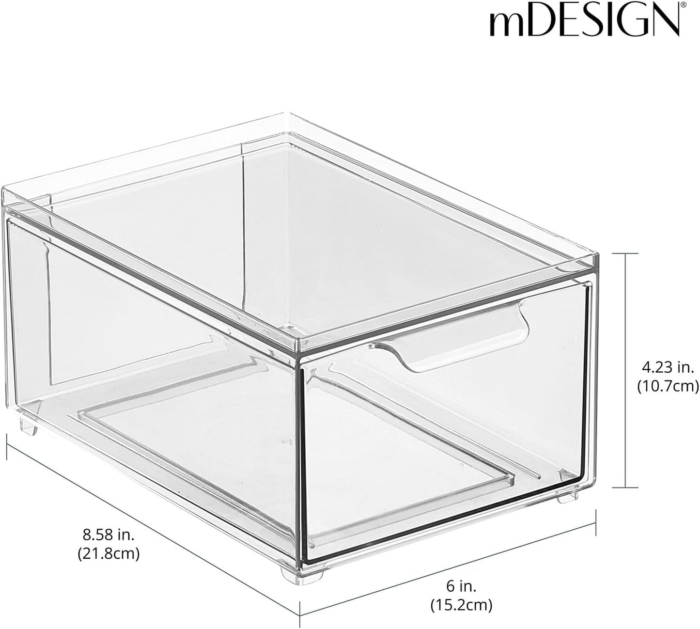 mDesign Stackable Storage Containers Box with Pull-Out Drawer - Stacking Plastic Drawers Bins for Kitchen Pantry and Cupboard, Cabinet, Counter, Island and Tables - Lumiere Collection - 2 Pack - Clear