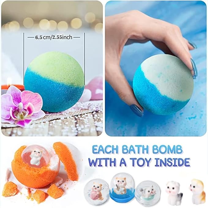 Kids Bath Bombs with Surprise Inside, 20 Pack Bring Dog and cat Toys Gift Set, Natural Organic Bubble Bath Foam Bath