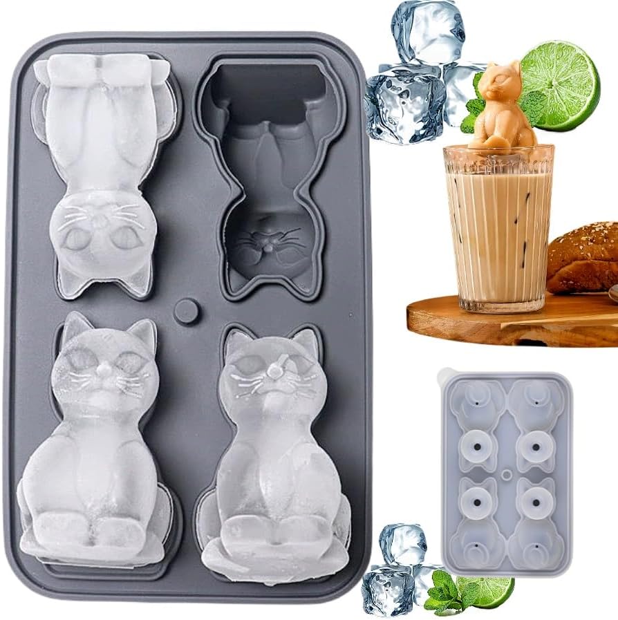 Cute 3D Cat Silicone Ice Cube Tray Mold Cartoon Animal Ice Box BPA-Free (Grey)